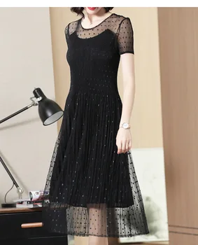 

Plus Size Dress Woman Summer Fshion Polka Dot Dress Office Lady O Neck short sleeve Slim Pleated Dress Elegant Female Vestidos