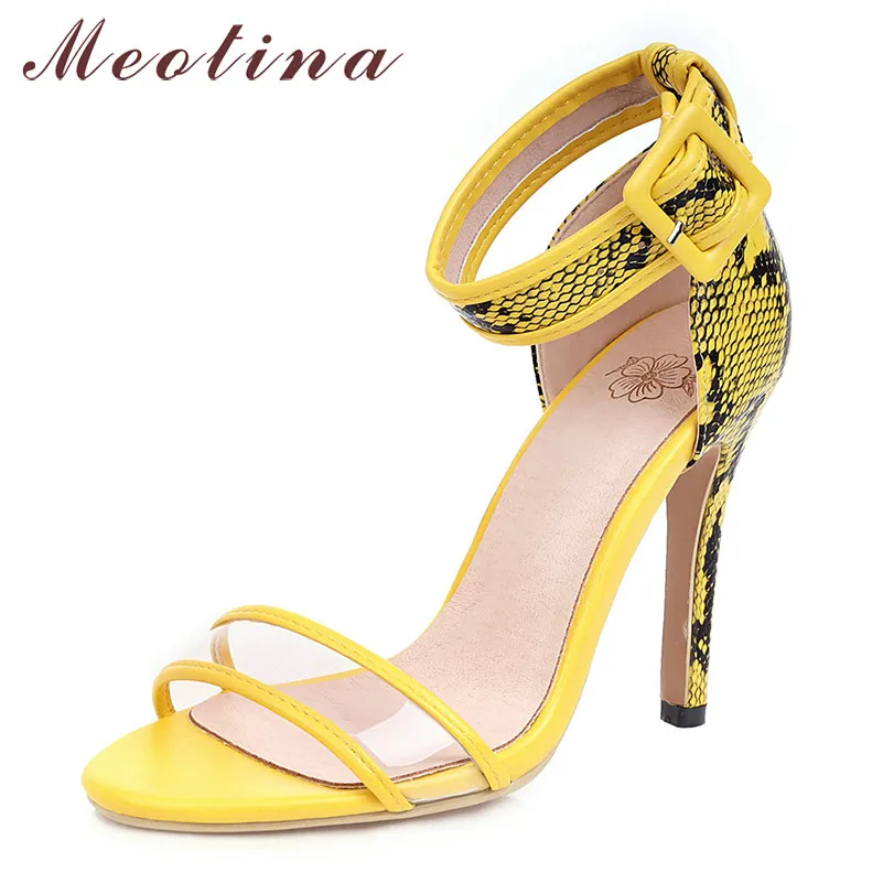 

Meotina Summer Sandals Women Shoes Snake Print Thin Heels Ankle Strap Shoes Buckle Super High Heel Sandals Female Big Size 33-46