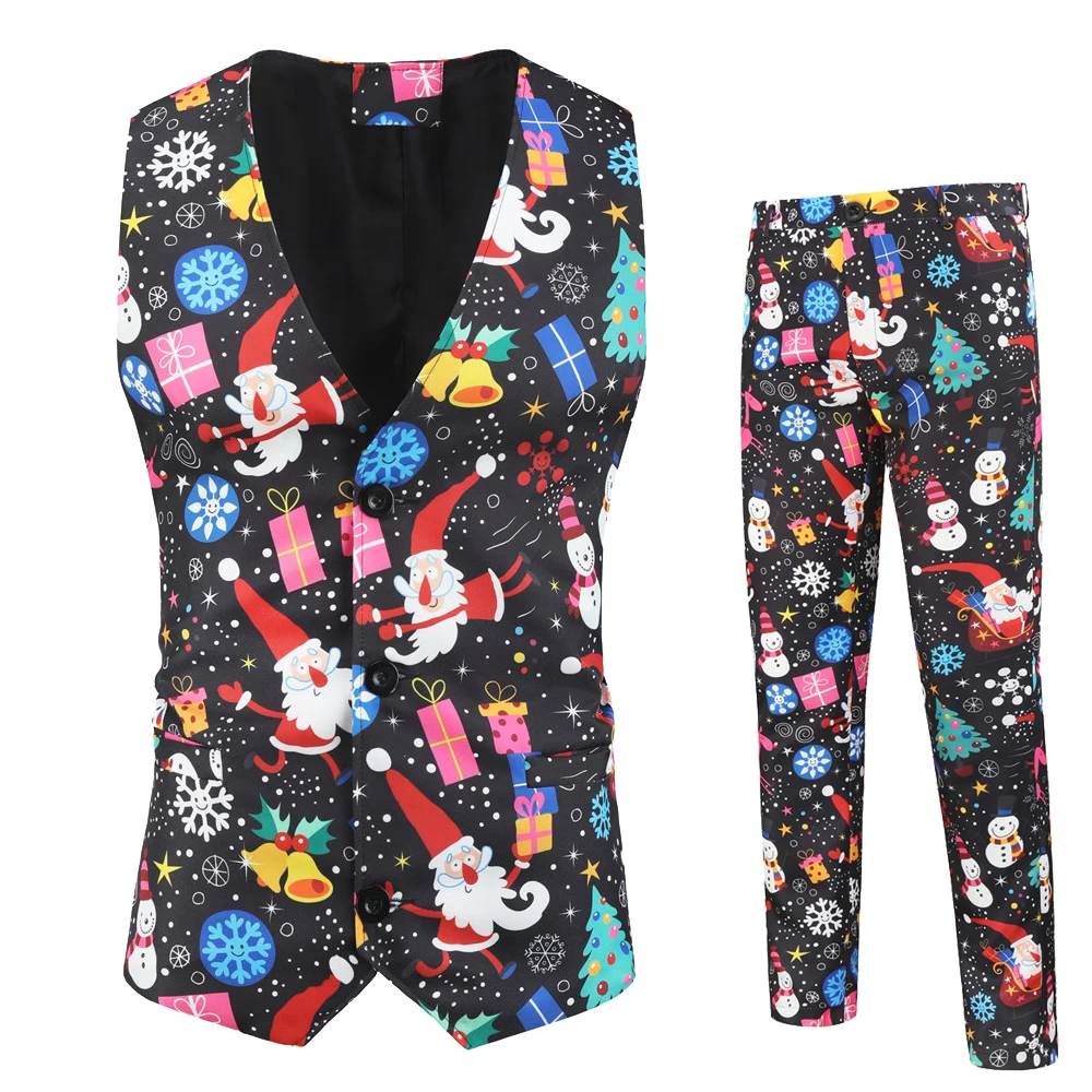 

Mens Fashion Printed Christmas 2 Piece Set (Vest+Pants) Casual Suits Plus Size Hip Hop Slim Fit Suit Set Men Singer Wedding Cost
