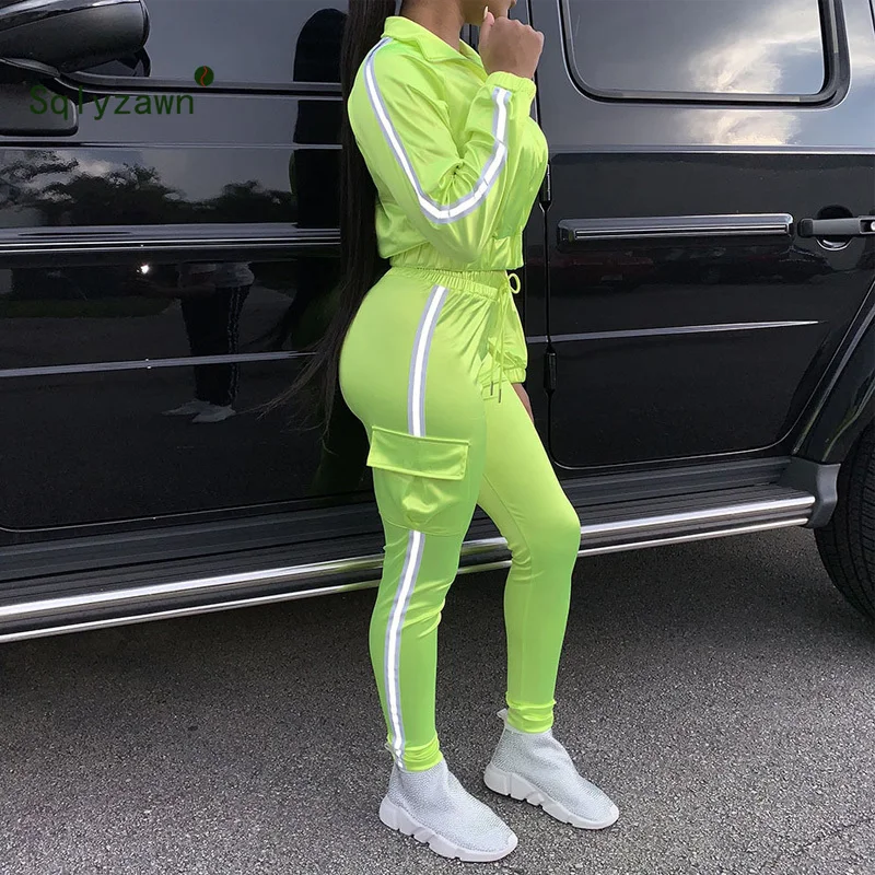 

Women Side Reflective Strip Long Sleeve Jacket Top + Safari Pencil Sweatpants Suits 2 Two Pieces Set Sportwear Tracksuit Outfit
