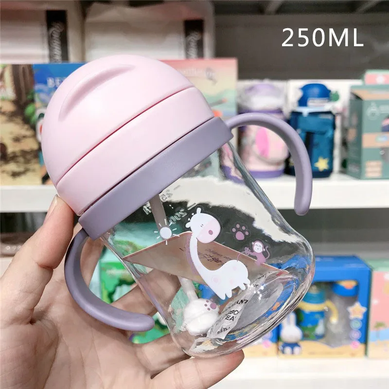 250ML Cartoon Pattern Outdoor Child Drinking Bottle with straw baby feeding cup for kids training portable handle water bottle drinking cup drinking water bottle