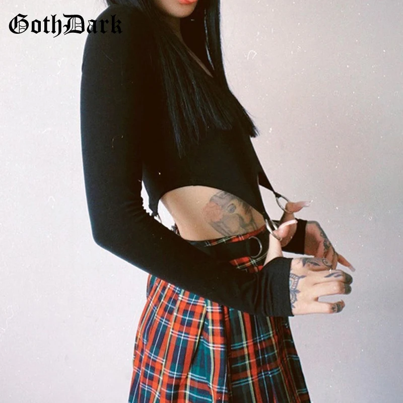 Goth Dark Punk Style Gothic With Iron Ring T-shirts Black Or White Long Sleeve Bodycon Crop Tops Women Autumn Fashion Streetwear