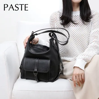 

All-match Gun Metal Cowhide Leather Women's Shoulder Bag Black Ins Multiple Wear Female Backpack Large Back Pack