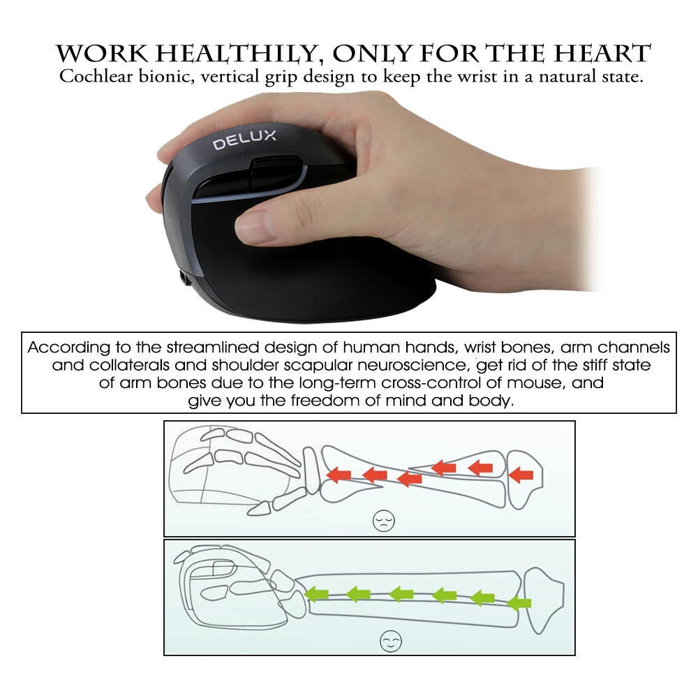 Delux M618 Mini Wireless Bluetooth Silent Vertical Computer Mouse 2400 DPI 6 Buttons Gaming Optical USB 2
