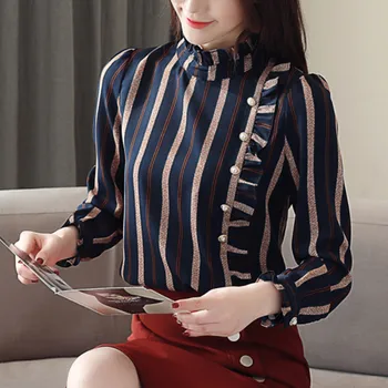 

Spring New Women Long-sleeved Chiffon Shirt Stand Collar Slim Striped Shirt Wild Thin Bottoming Shirts women vintage blouse