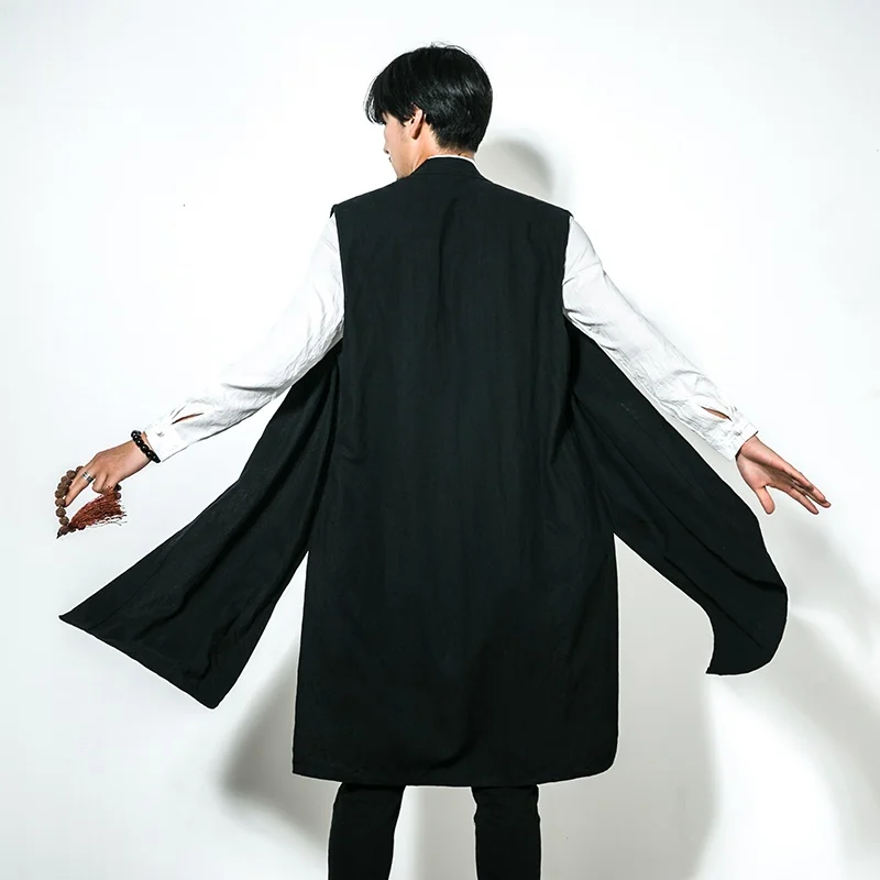Men'S Vest Long Trench Sleeveless Jacket Cotton Men