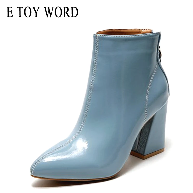 E TOY WORD Patent leather ankle boots high heels female 2019 new women thick with Martin boots plus velvet pointed Booties women