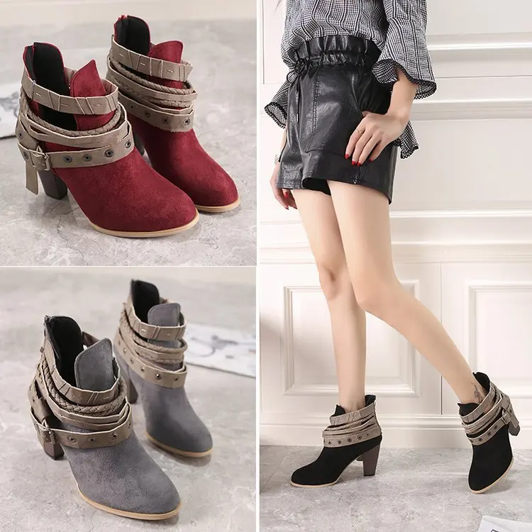 

Boots Woman Winter Pu Leather Low Heels Ankle Boots for Women Vintage Cross Tied Platform Ladies Shoes Plus Size Botas Mujer