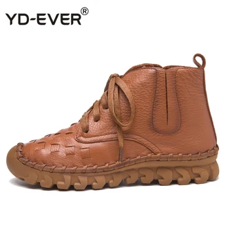 

Women Fashion Vintage Genuine Leather Shoes Female Autumn Winter Platform Ankle Boots Woman Lace Up Casual Boots