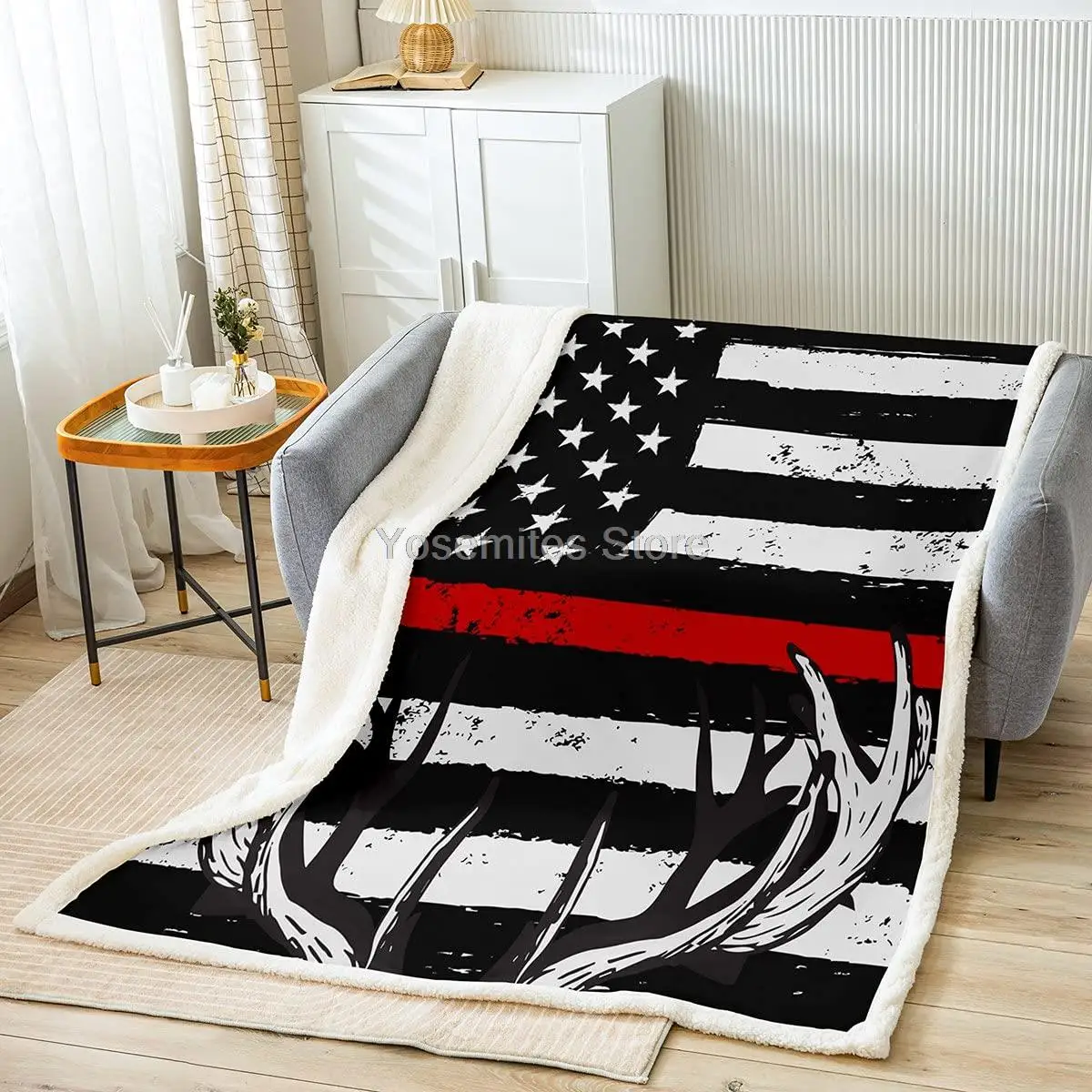 

Одеяло с американским флагом, оленем, рогами и полосками, одеяло для постельного белья, модный подарок на Рождество, флисовое покрывало, мягкое и удобное