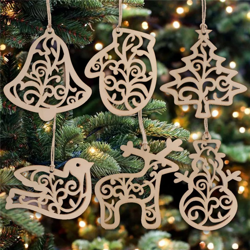 

6Pcs Hollow Wooden Hanging Pendant with Rope Xmas Tree Drop Wood Slices Ornament DIY Crafting Christmas Home Party Decoration
