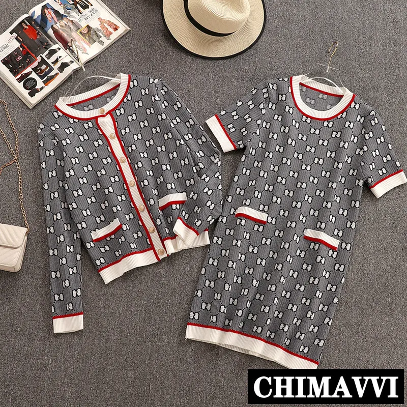 

New Autumn Fashion Women's Round Collar Printed Cardigan Sweater + Knitted Dress Two-piece Female Casual Dress Set