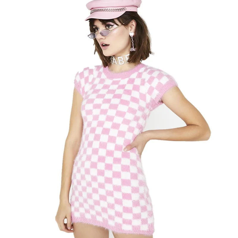 Осеннее розовое платье в клетку, женское сексуальное уличное платье Dollskill 90 s, милое короткое Пышное Платье-Свитер с коротким рукавом, вечерние платья, Клубное облегающее платье