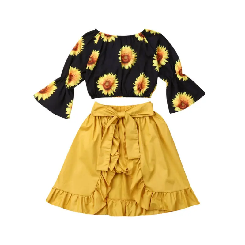 

US STOCK US 3PCS Kids Baby Girl Clothes Sunflower Crop Tops Shorts Dress Outfit Sunsuit