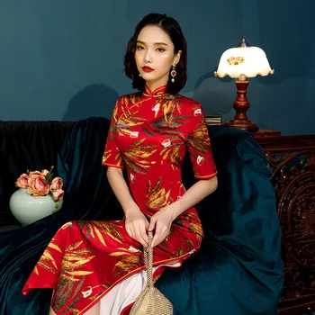 

Red Chinese Traditional Chinese Wedding Dresses Vintage Print Silk Qipao Sexy Long Cheongsam Dress Plus Size 4XL Women Clothing