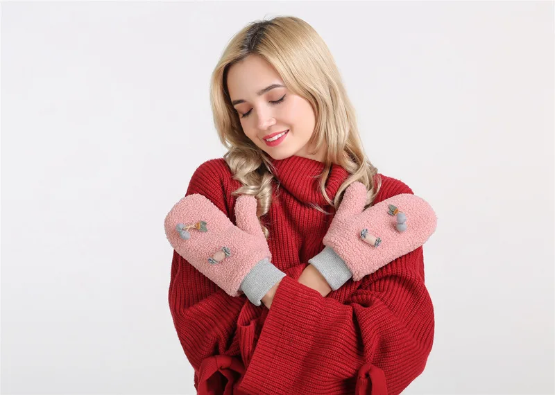 Корейские женские зимние перчатки без пальцев, плюшевые утолщенные теплые перчатки, милые уличные мягкие хлопковые теплые розовые женские перчатки