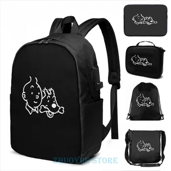 

Funny Graphic print Tintin And Milou Merchandise USB Charge Backpack men School bags Women bag Travel laptop bag