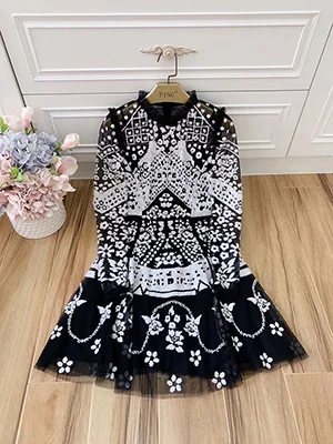 Ziwwshaoyu пикантные Черные Сетчатые вечерние мини-платья с пайетками и вышивкой Женская мода с длинным рукавом осеннее платье высокого класса - Цвет: Черный