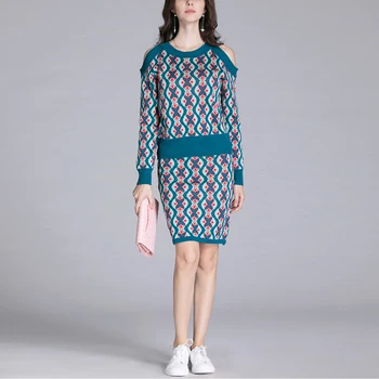 

Blue Mini Skirt Suits Autumn Woman 2PCS Clothing Set + Women Jacquard Knit Off Shoulder Long Sleeve Pullover Sweater