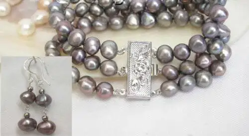 Free Shipping &gt&gt&gt&gt&gt 8&quot baroque 3row Gray pearl Bracelet Earrings | Украшения и аксессуары