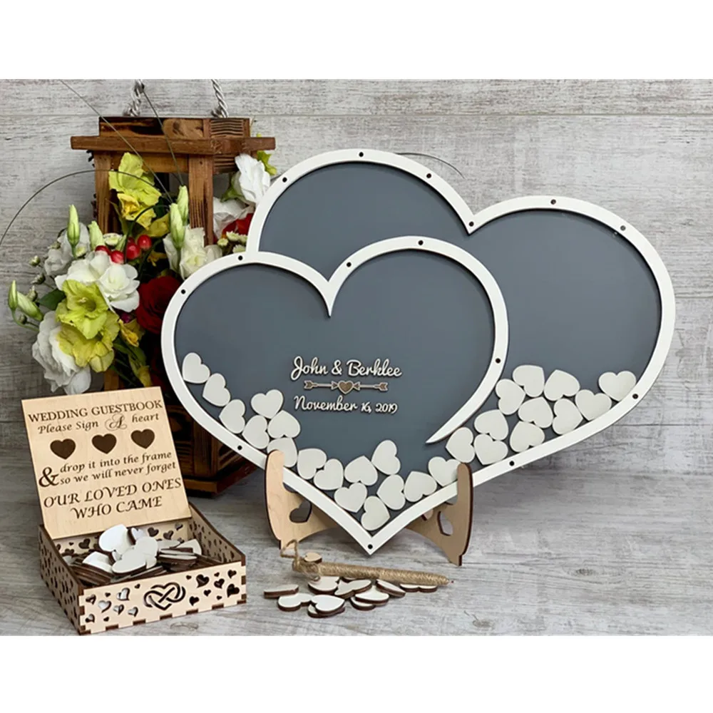 Custom Double Heart Shape Wedding Guest Book Decoration Rustic Sweet