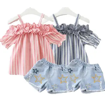 

2020 1-6Y Autumn Infant Kids Baby Girl Clothes Sets Ruffles Short Sleeve Off Shoulder Tops T-Shirt+Denim Shorts Jeans Outfits