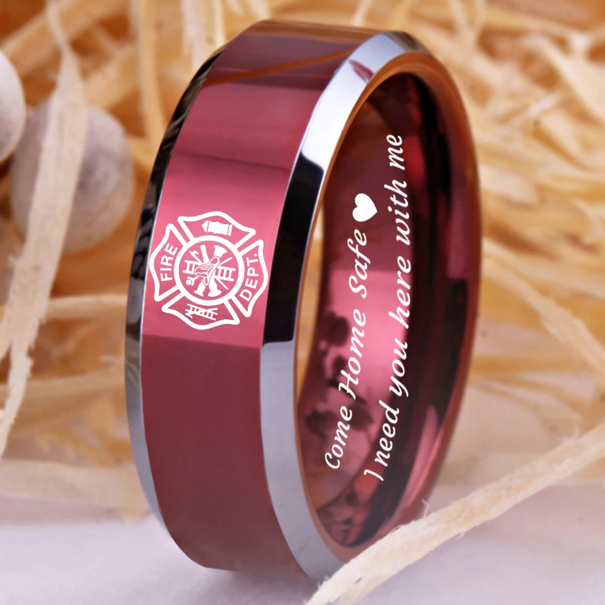 Firefighter Design Fireman Rings Fire Police Ring Men's Black Tungsten Ring With Red Groove CZ Anniversary Gift Ring