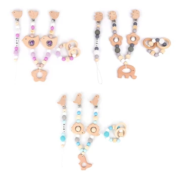 

New 3 Pcs/Set Baby Pram Pendant Rattle Pacifier Chain Clip Wooden Bracelet Teether