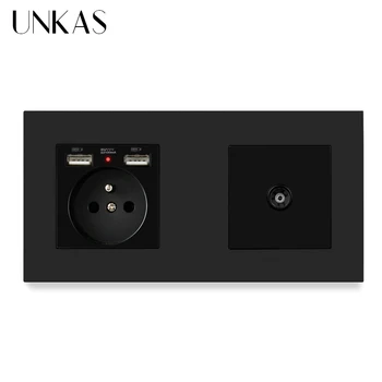 

UNKAS PC Plastic Panel French Standard Electric Socket with 2 USB + Female TV Jack Television Connector 172*86mm