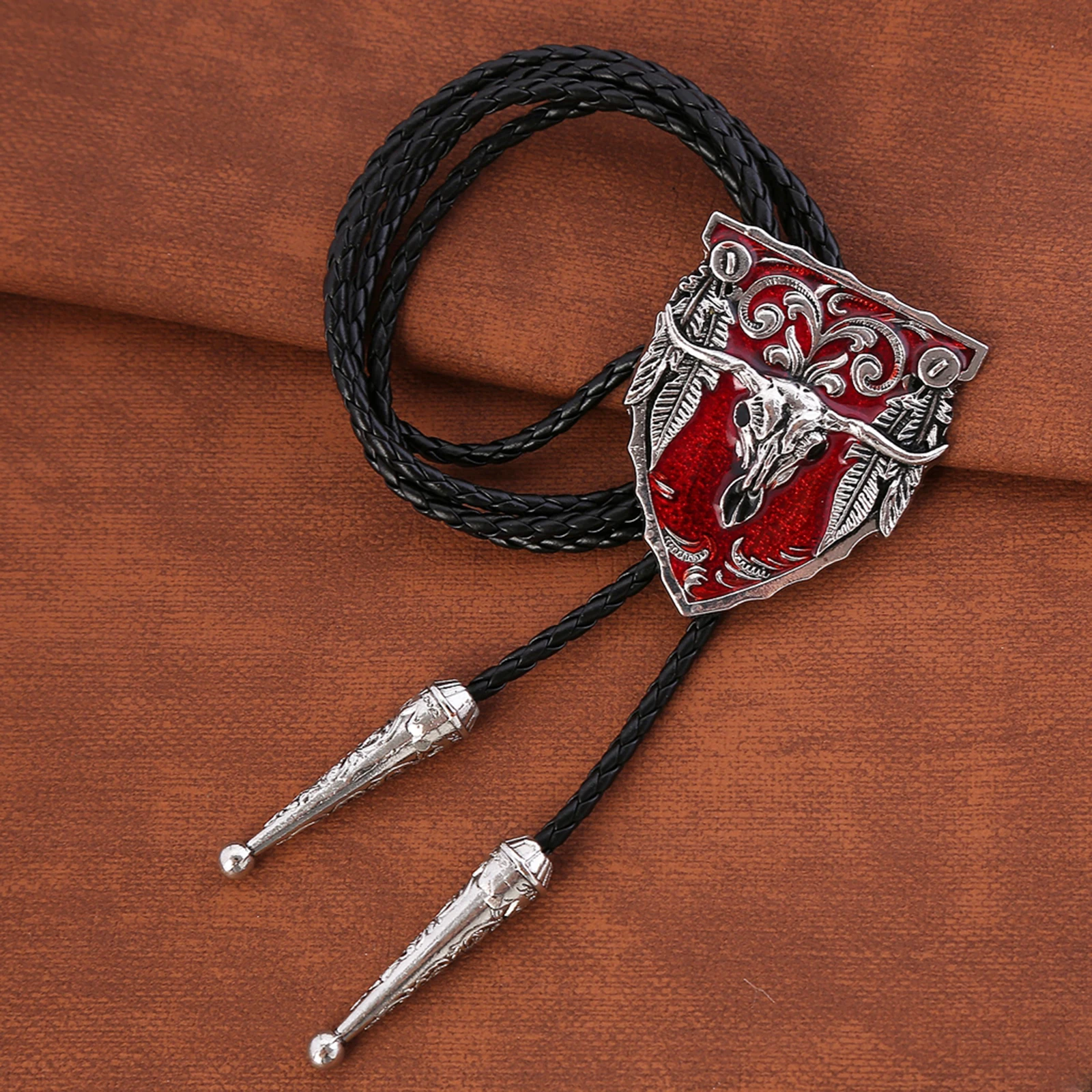 Bull Head  Men Bolo Tie Wedding Necklace PU Leather Rope Western Cowboy