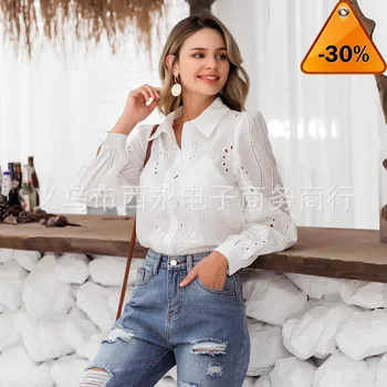 

Flower embroidery Simplee cotton blouse women Long sleeve button hollow out female top shirt Elegant office ladies white blouses