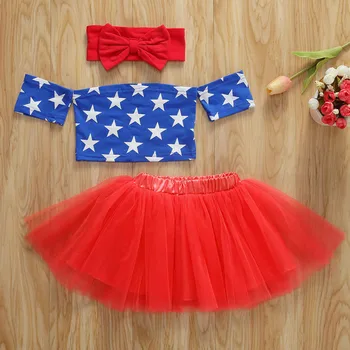 

Fashion Girls Summer Star Printing Strapless Short Top Mesh Skirt Bow Headgear Set Toddlers Breathable Top Skirt Clothing Set
