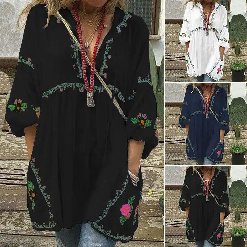 Женская летняя блузка с принтом ZANZEA богемные Vestidos Повседневная рубашка с длинными рукавами с пышными рукавами Blusa женский халат большого размера с v-образным вырезом