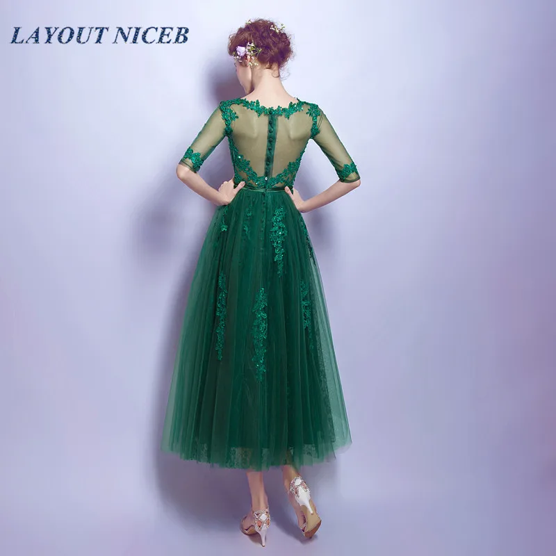 Green Tea Length Evening Dress Half Sleeve Appliques Beads Tulle robe de soiree Women Formal Party Dress abiye gece elbisesi