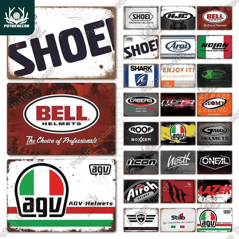 

Putuo Decor Helmet Brand Metal Tin Sign Vintage Motor Helmet Wall Decoration Garage Man Cave Club Advertising Plate Wall Decor