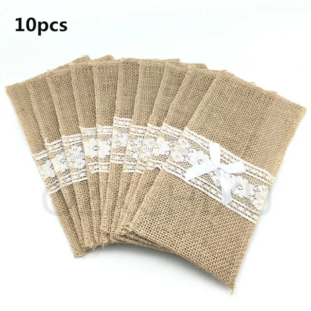 10pcs Natural Jute Burlap Cutlery Holders Packaging Fork and Knife for Wedding , Party Decoration 11*21cm   AA8016 1