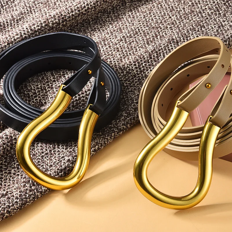 

New Fashion Soft leather Belts Personality Big Alloy Buckle Thin Waistbands Shirt Knotted Belt long Straps