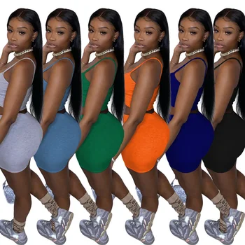 

Women Tank Top+ Shorts Solid Color Sexy Low-cut Sports Jopping Suit Navel High Waist Clothing 2020