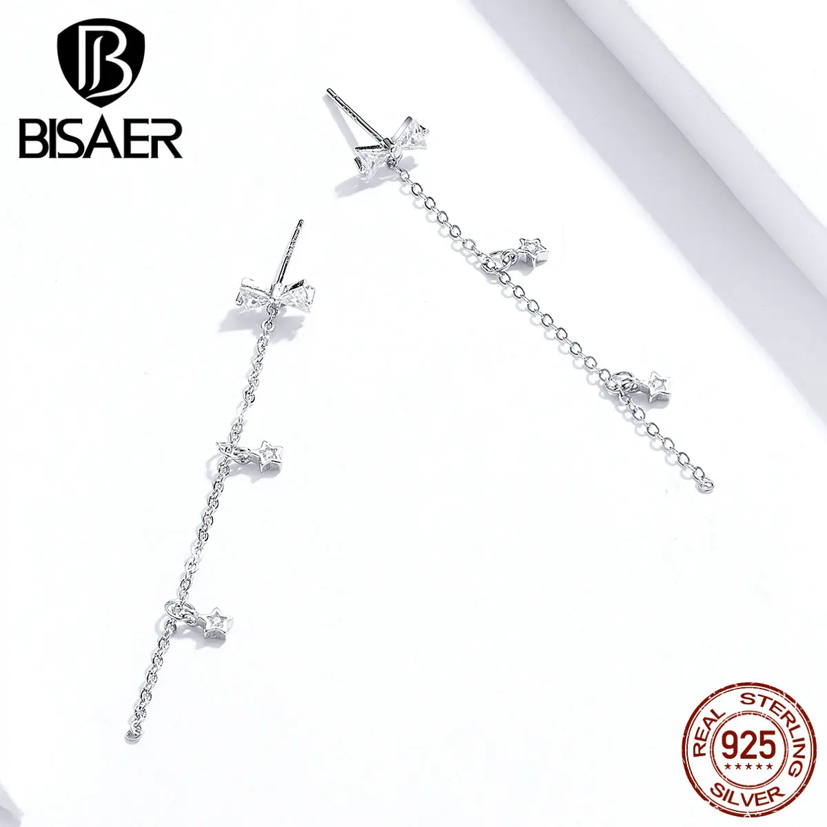 Серьги с кисточками и бантом, BISAER, 925 пробы, серебро, милая Длинная цепочка с бантом, женские серьги-гвоздики, модное ювелирное изделие ECE791