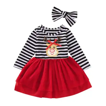 

Christmas Xmas Baby Girls Kids Dress 1-6Y Sister Lace Striped Print Romper Dress Party Dresses Costume 1-6Y