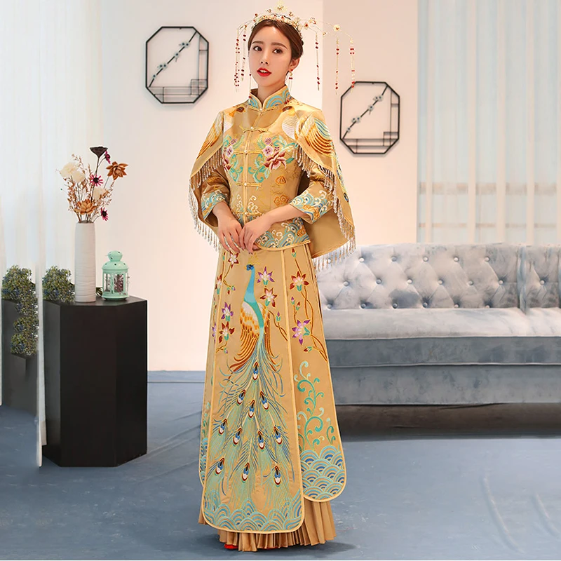 Китайское традиционное свадебное платье Cheongsam для женщин со шлейфом высокое качество вышивка павлина невесты Qipao длинное платье