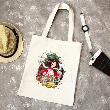 

Spirited Away Faceless Print Reusable Shopping Bag Women Canvas Tote Bags Printing Eco Bag Cartoon Shopper Shoulder Bags