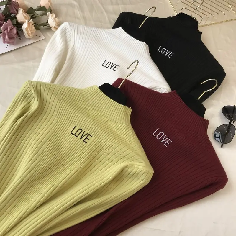 Semi-high Collar Undershirt Women Autumn and Winter Korean Pure Color Long Sleeve Knitting Top Stretch Slim Knitted Sweaters