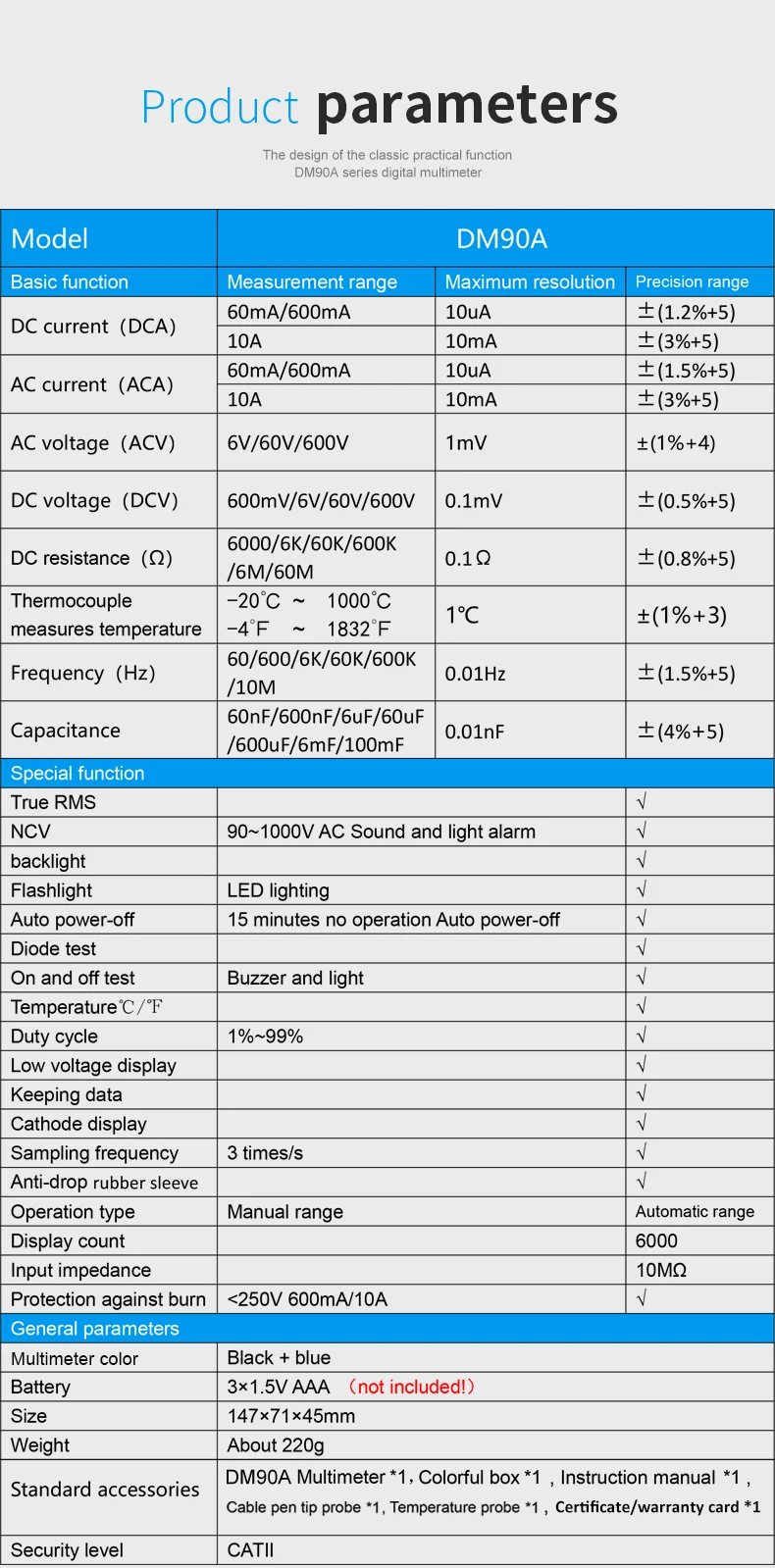 MESTEK DM90A NCV Цифровой мультиметр 6000 отсчетов Автоматический диапазон AC/DC Напряжение Ток Ом метр амперметр задний светильник большой экран