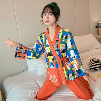 

Women Cute Pajamas Set Sweet Cartoon Printed Japanese Kimono Style Sleepwear Ladies 2Pcs V-Neck Comfort Soft Homewear Casual
