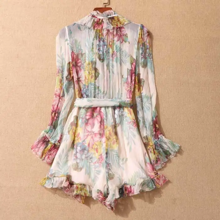 2019 Для женщин Beach шифон комбидресс v-образным вырезом Boho с расклешенными рукавами Tassle пояса костюм для подвижных игр с манжетами летние