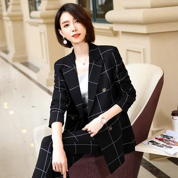 

2019 Autumn Occupation Suit Female Temperament Loose Black Waist Grid Medium Length Money Two-piece Set Coat