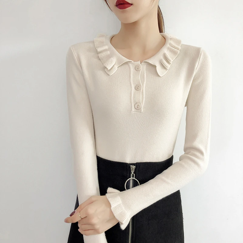 

gkfnmt Women Sweater 2019 Fashion Casual Autumn Winter Solid Color Buttons Butterfly Sleeve Pullover Slim Knitted Sweaters