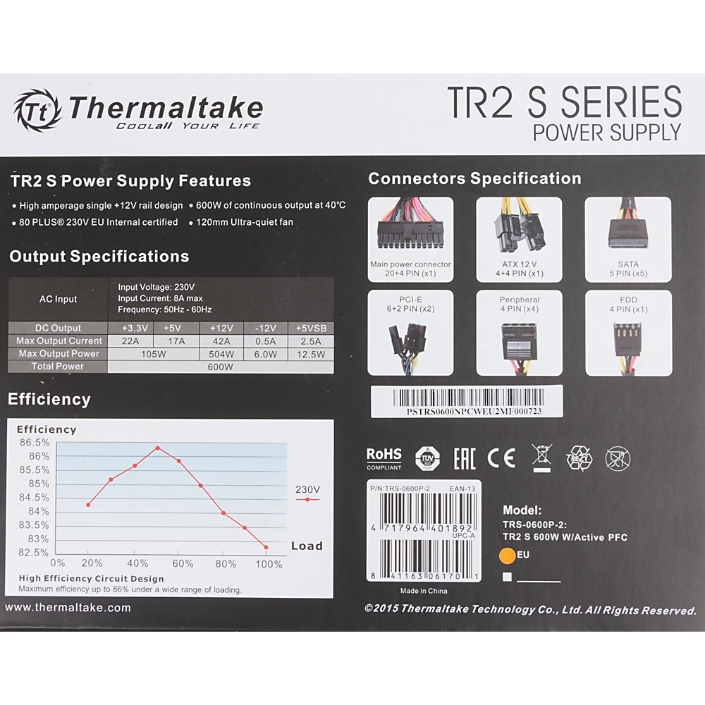 Блок питания Thermaltake ATX 600W TR2 S 80+(24+4+4pin) APFC 120mm fan 5xSATA RTL