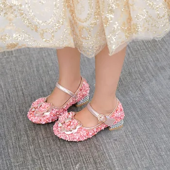 

Fashion Stage Show Performance Children's High Heels 3-12 Years Old Single Sneaker Small Medium Girls Bow Princess Wedding Shoes